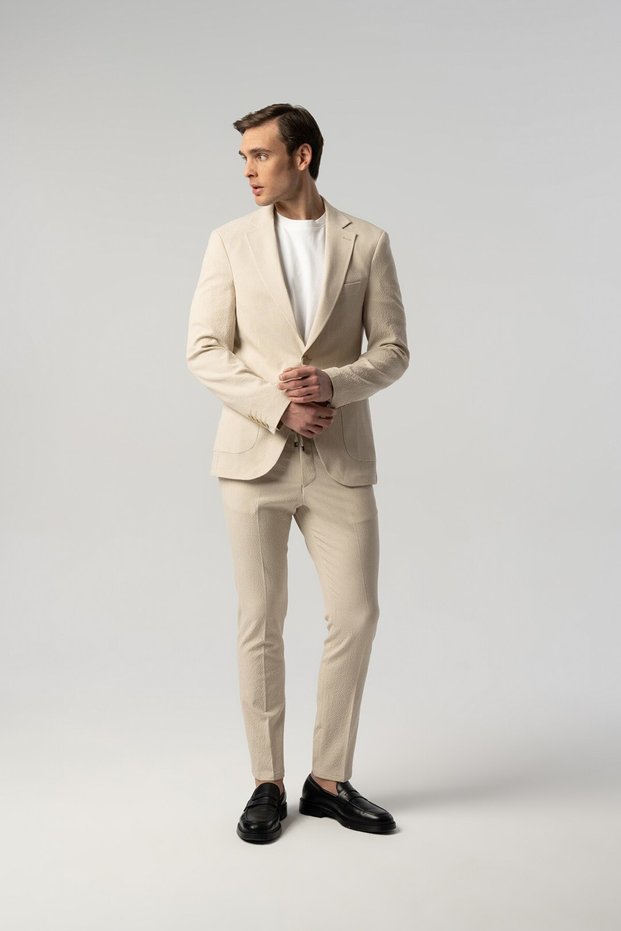 Comfortable Fit Trousers Lace-Up Beige Striped Seersucker Sports Set