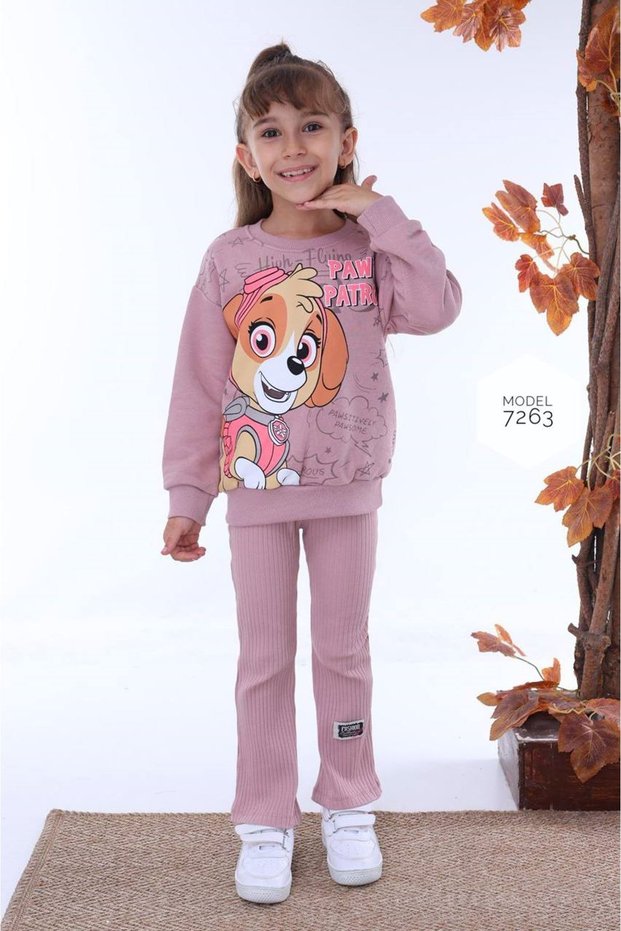 Pjk2İ Paw Petrol Patterned Dusty Rose Ribbed Leggings 2-Piece 100% Cotton Girls' Set 3-10 Years 7263-g