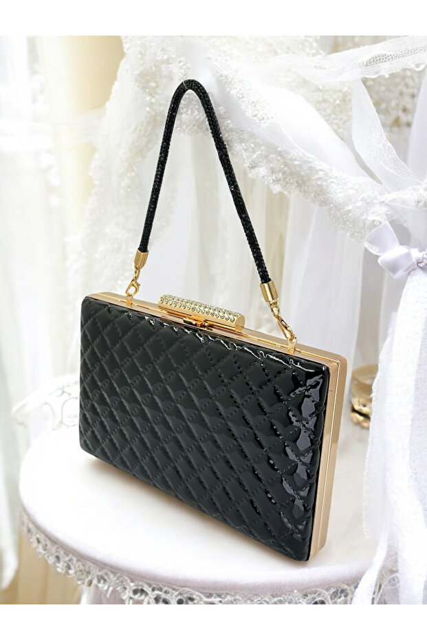 Black Luxury Patent Leather Stone Handle Quilted Patterned Women's Evening Dress Bag Wedding Engagement Graduation