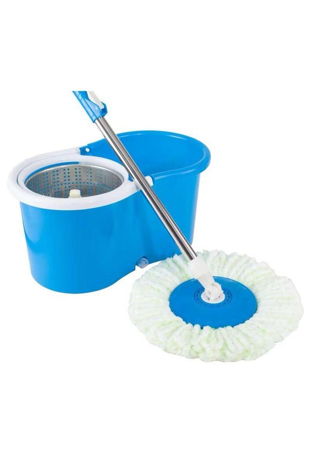 Easy-to-spin wheeled mop and bucket with 360-degree rotating stainless steel bucket for cleaning home floors, blue