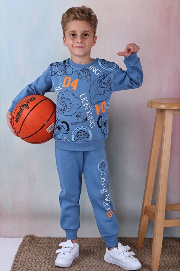 Pjk3İ Lion King Patterned Blue 3-Strand Ribboned 100% Cotton Boys' Tracksuit Set 3-10 Years 7345-m