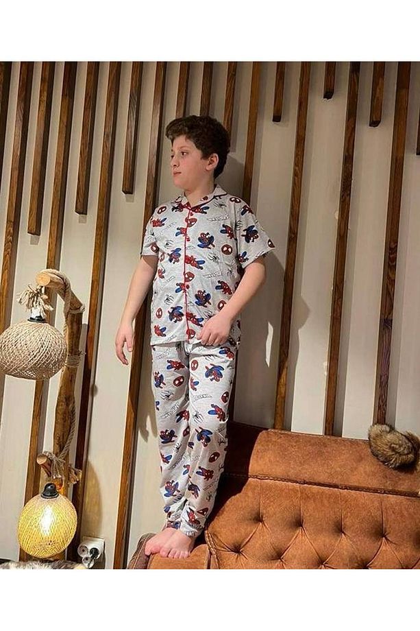 PJKÖ Örümcek Adam Desenli Gri Kısa Kollu Önden Düğmeli Erkek Çocuk Pijama Takımı 4-12 Yaş A701-G - 1