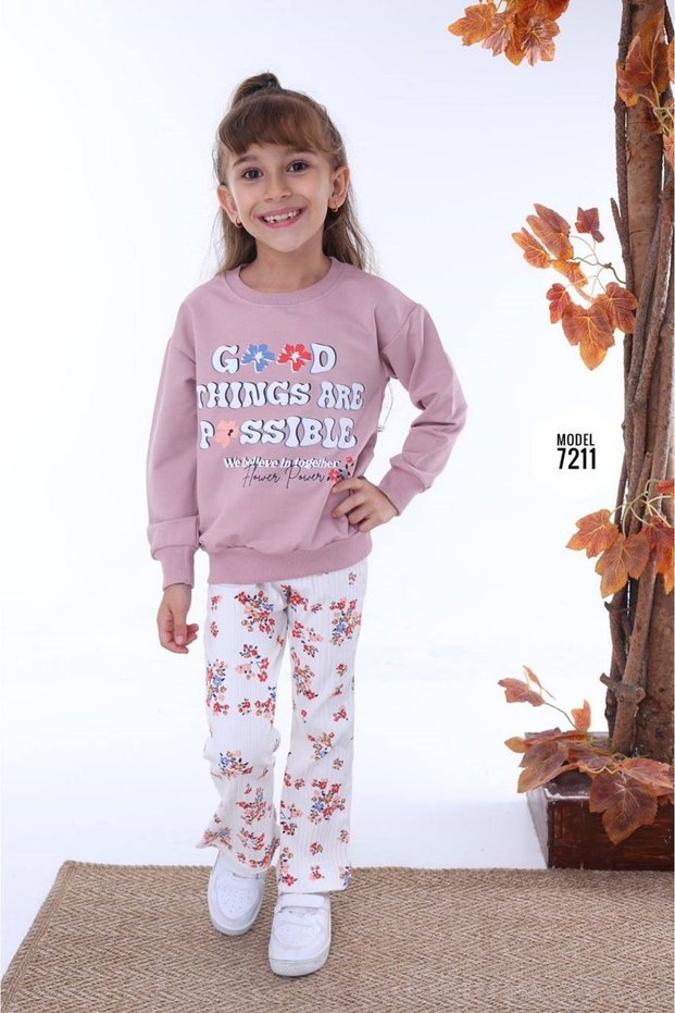 Pjk2İ Floral Patterned Dusty Rose Floral Ribbed Leggings 2 Thread 100% Cotton Girls' Set 3-10 Years 721