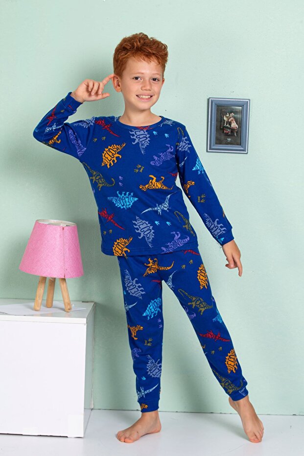 Elmp Dinosaur Patterned 100% Cotton Boys' Pajamas Set 1-13 Years 3063