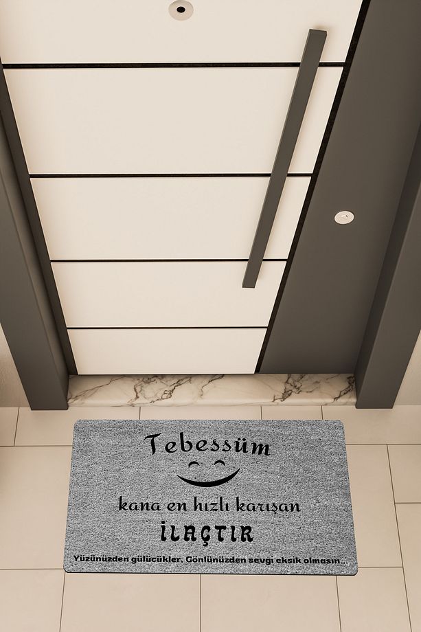 Yüksek Kaliteli Dijital Baskı Gri, Tebessüm temalı Kapı Önü Paspası - 1