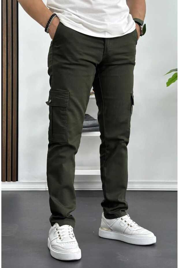 Men's Cargo Pants with Side Pockets Stone Khaki Black Buttoned Lycra Stretchy Comando