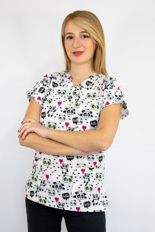 Unisex White Panda Patterned Doctor Nurse Hospital Surgical Scrubs Top Jersey