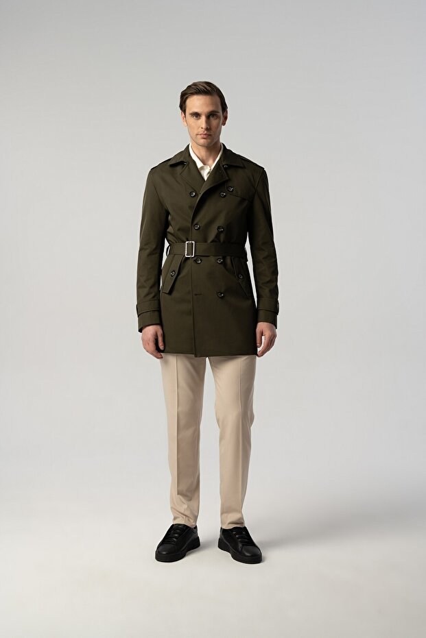 Khaki Trench Coat with Epaulettes and Belt