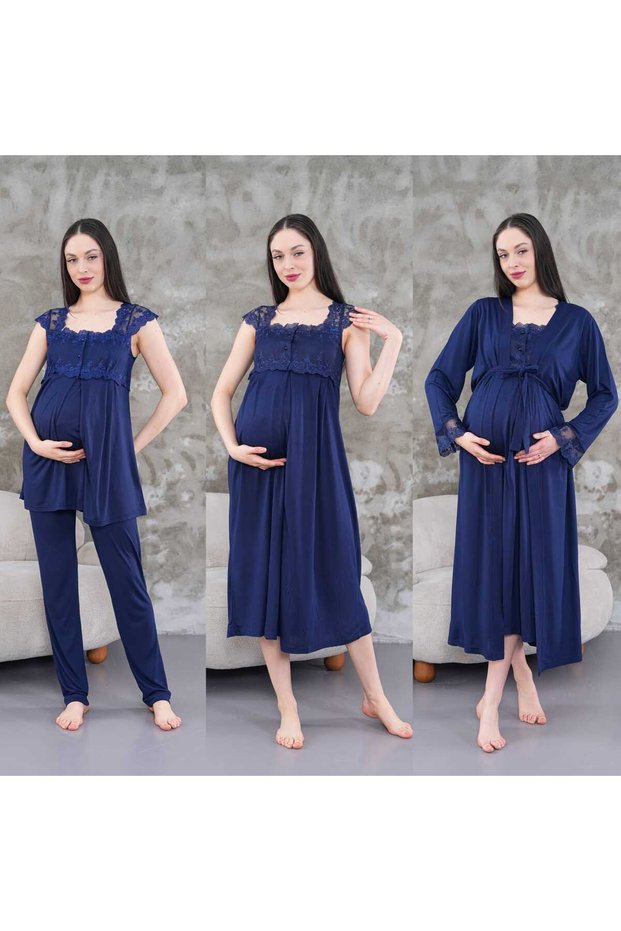 Lohussa Women's Navy Blue Design Summer Cotton Maternity Maternity Dressing Gown, Pajama Set, Nightgown Set of 4
