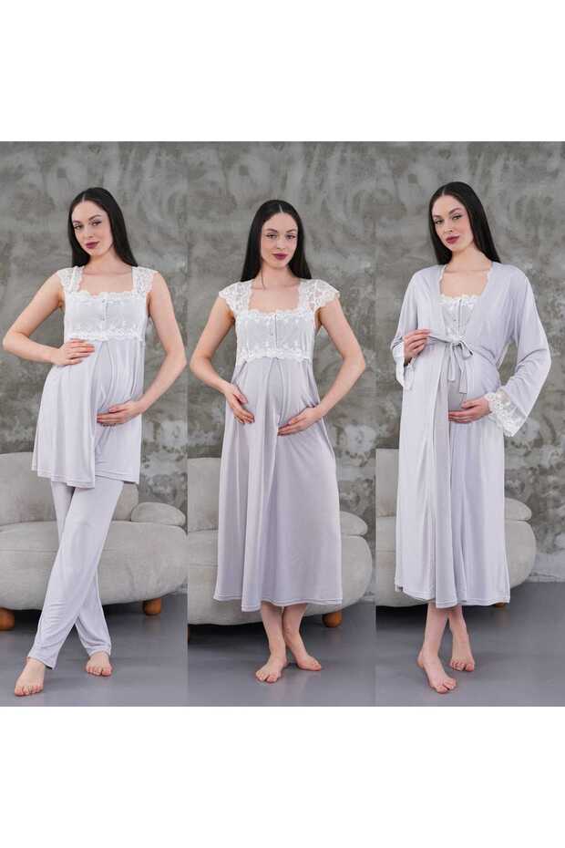 Lohussa Women's Gray Design Summer Cotton Maternity Maternity Dressing Gown, Pajama Set, Nightgown Set of 4