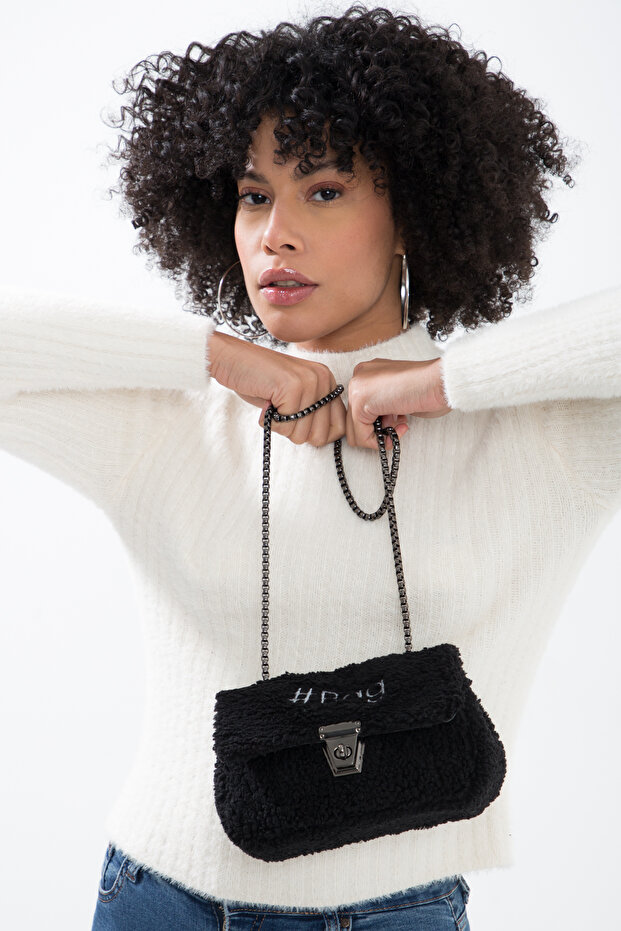 Siyah Mini Peluş Çanta - 3