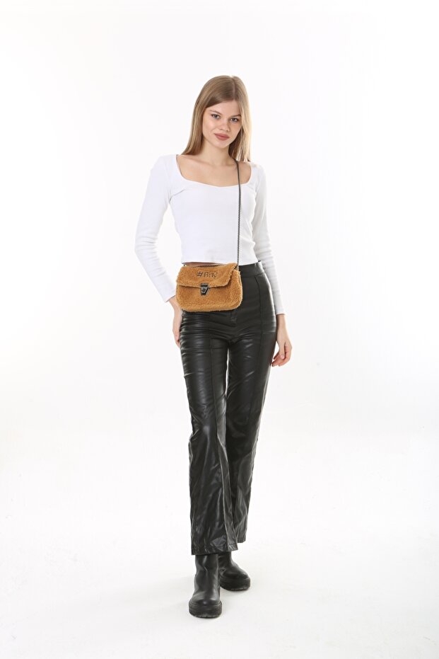 Mini geantă de pluș neagră crem - 2