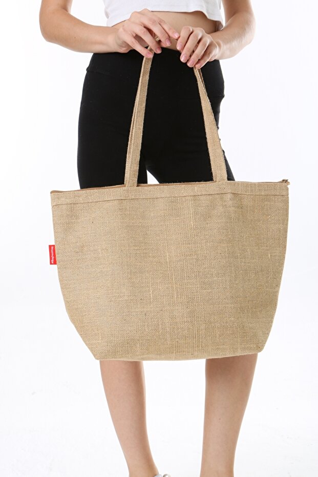 Fermuarlı Simli Jüt Plaj Çantası - 7