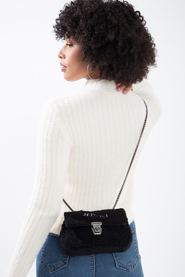 Siyah Mini Peluş Çanta - 5