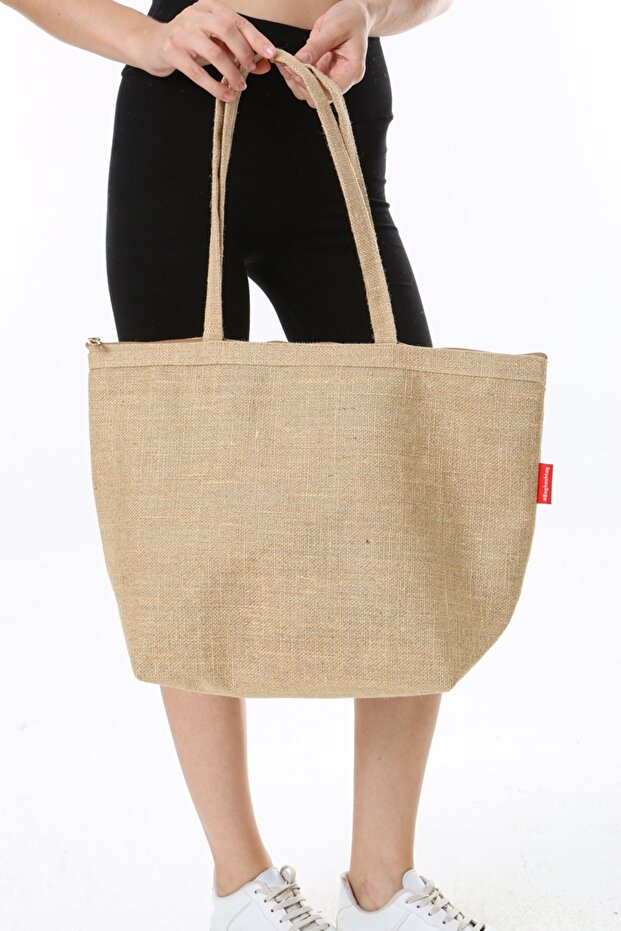 Fermuarlı Simli Jüt Plaj Çantası - 8