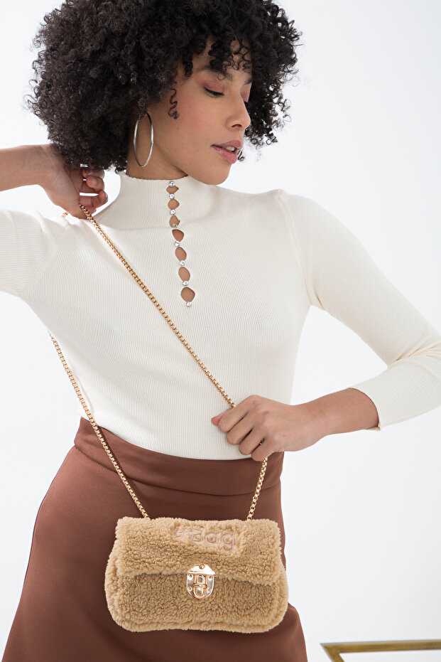 Krem Mini Peluş Çanta - 7