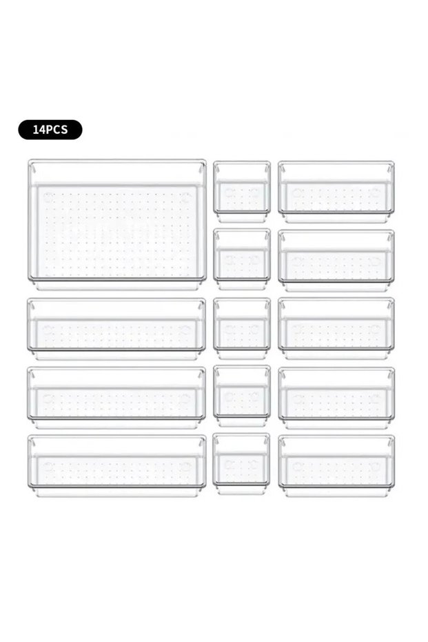 14PCs G1008B 7/14 Pcs Drawer Organizers Set Clear Plastic Desk Dividers Bins Bedroom Dresser Office