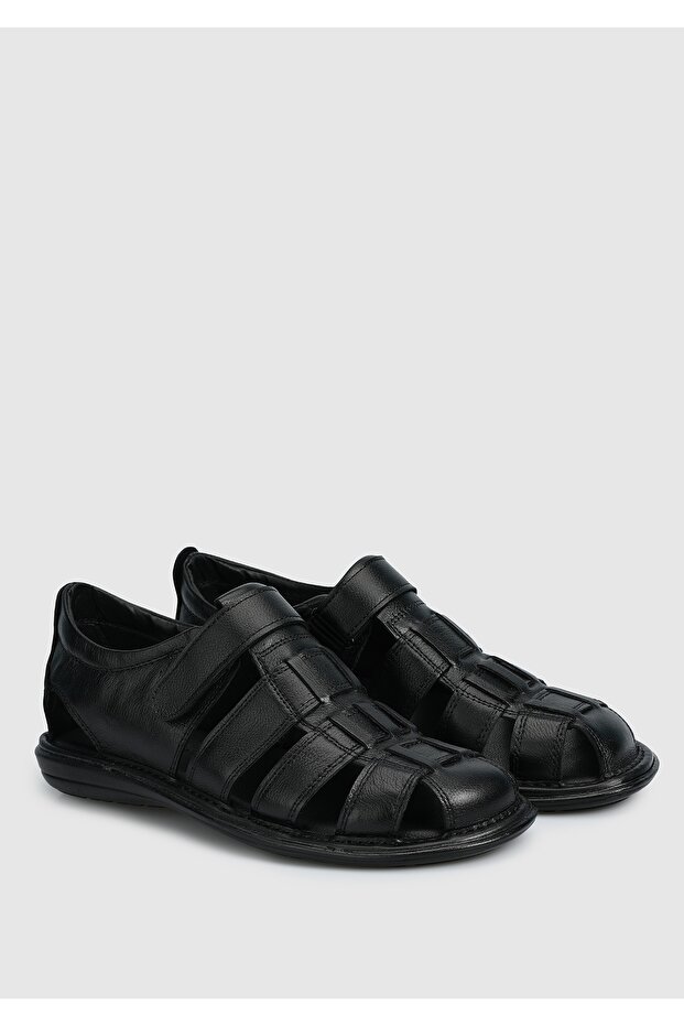 Men's Black Leather Flat Sandals - 2