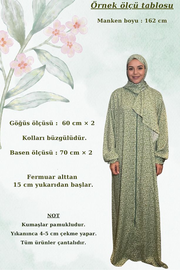 Pamuklu Kumaştan, Çiçek Desenli, Kolay Giyilir ve Pratik, Tek Parça Namaz Elbisesi - 3