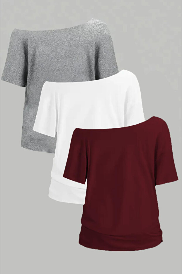 Women's Off Shoulder Boat Neck 3-Piece T-Shirt Set