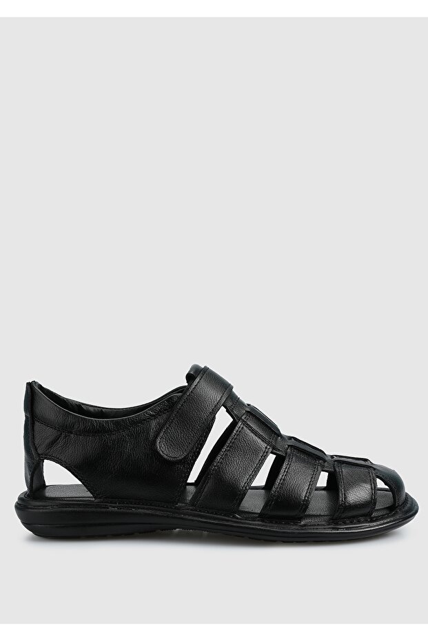 Men's Black Leather Flat Sandals - 1