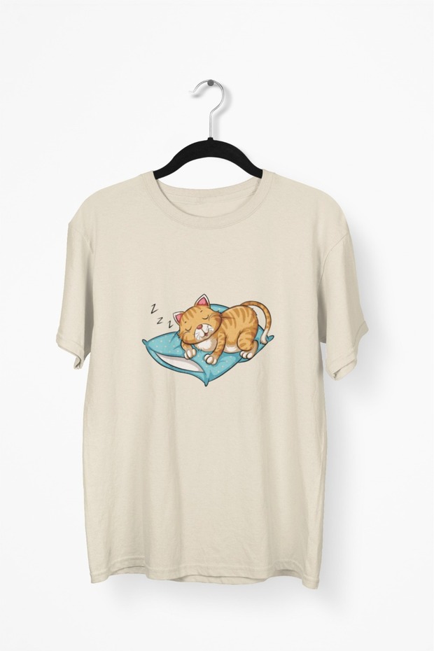 Girl/Woman Sleeping Cat Transfer Printed Round Neck Short Sleeve T-Shirt