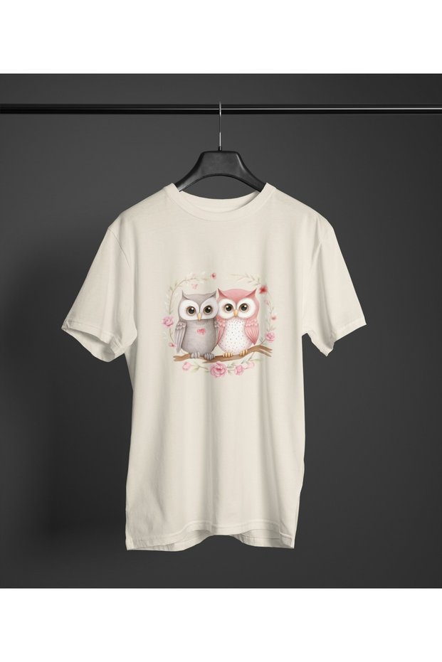 Girl Boy Owls Transfer Printed Round Neck Short Sleeve T-Shirt