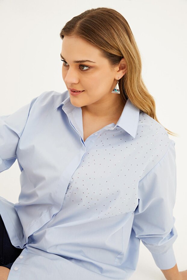 Oversize Taş Baskılı Poplin Gömlek - 4