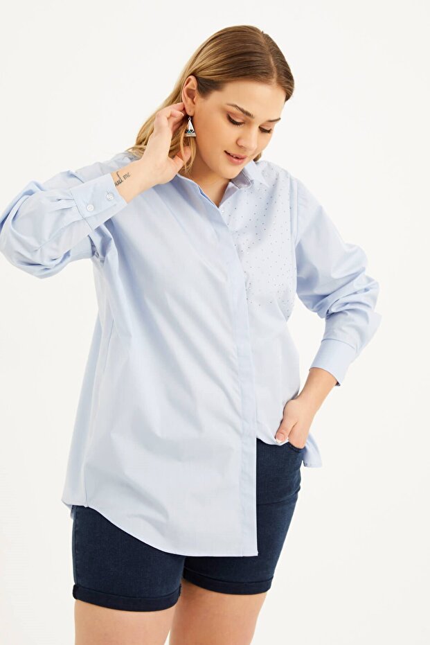 Oversize Taş Baskılı Poplin Gömlek - 3