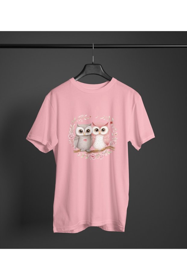 Girl/Woman Owls Transfer Printed Round Neck Short Sleeve Tee
