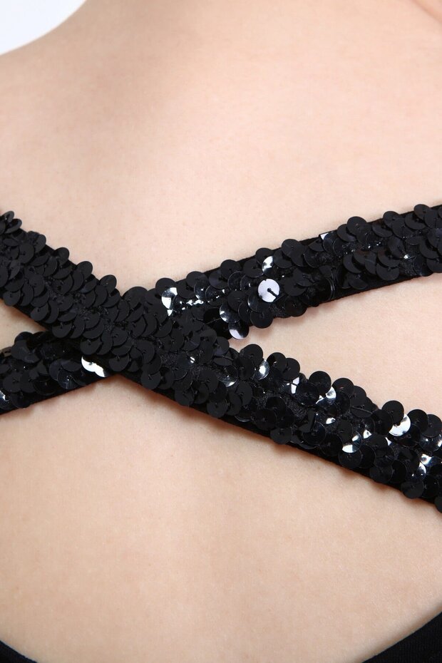 Penye Sırt Çapraz Pullu Şerit Elbise - 5