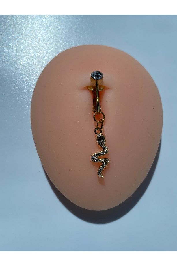 Çelik Göbek Piercing Mıknatıslı Sıkıştırmalı Kullanımlı Taşlı Sallantılı Yılan Model - 9