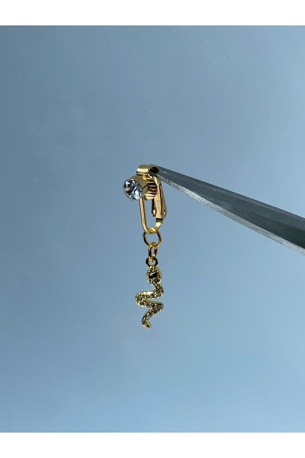 Çelik Göbek Piercing Mıknatıslı Sıkıştırmalı Kullanımlı Taşlı Sallantılı Yılan Model - 8