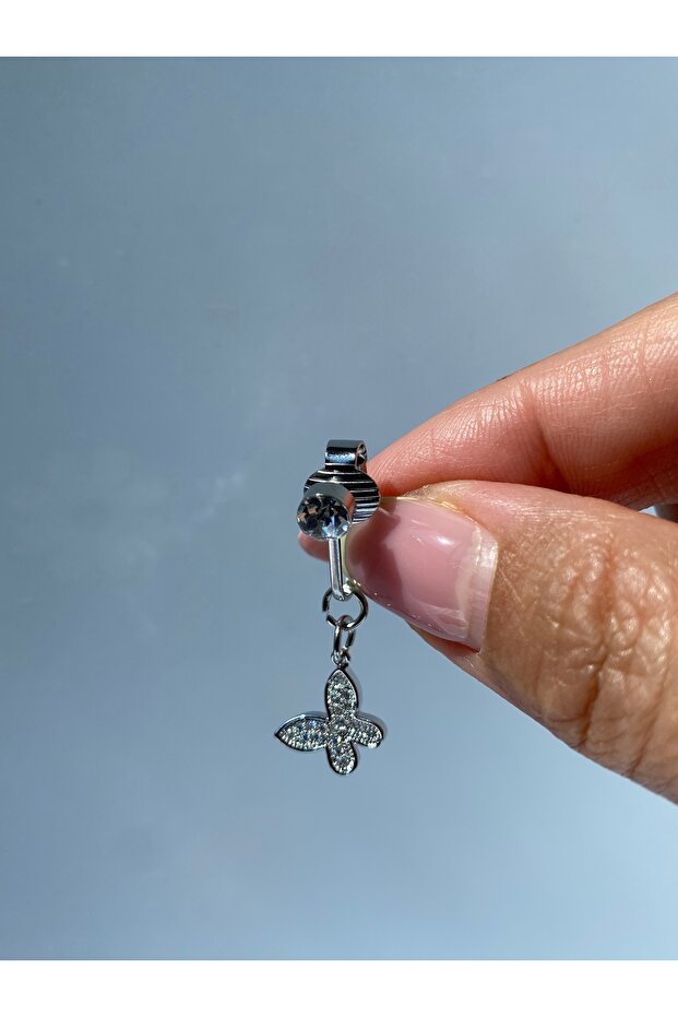 Çelik Göbek Piercing Deliksiz Kullanım İçin Mıknatıslı Kelebek Parlak Model - 5