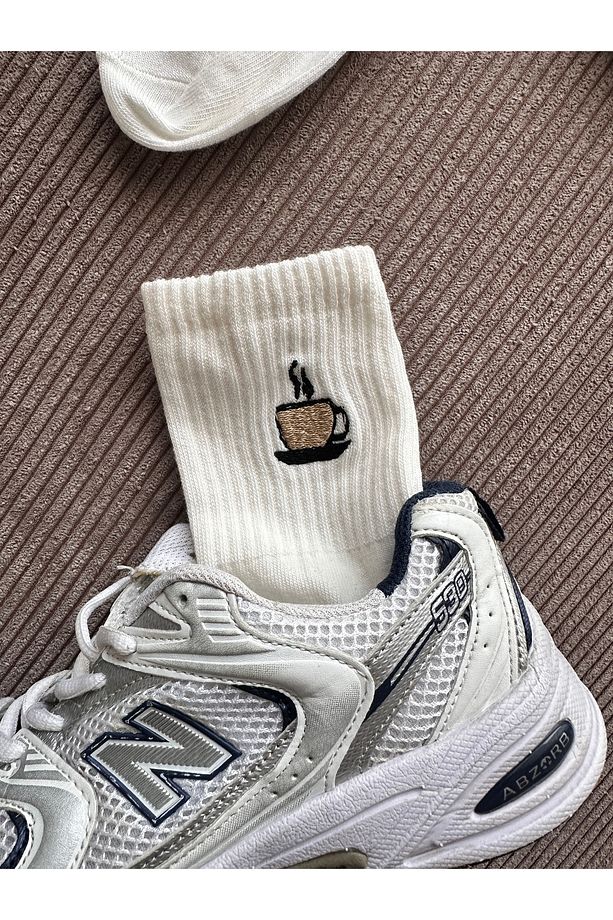Minimal Sevimli Fincan Kahve Latte Ve Bardak Nakışlı Unisex 2 Çift Çorap Seti - 4