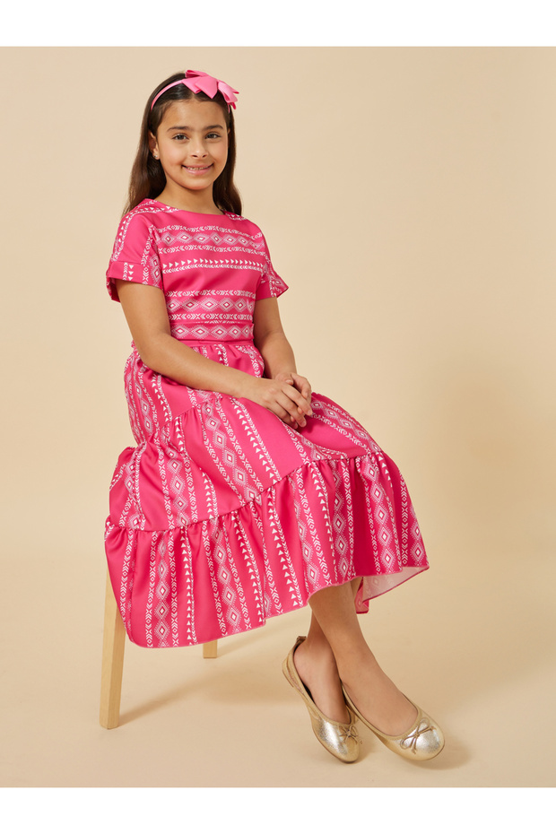 All-Over Print Round Neck Ruffled Hem Dress