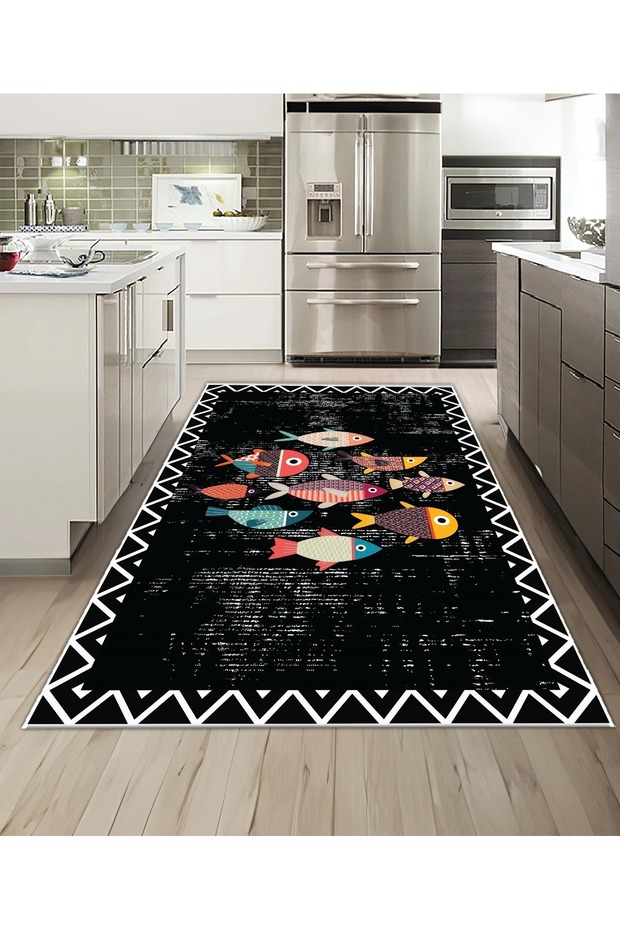 Shine M(256) Black Fringeless Non-Slip Based Digital Printed Decorative Carpet 60X100