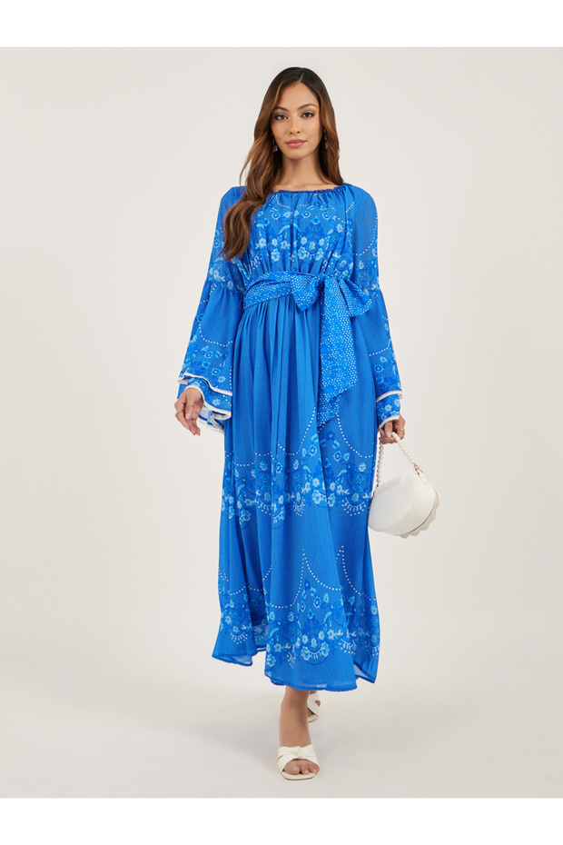 Floral Print Layered Long Sleeves A-Line Maxi Dress