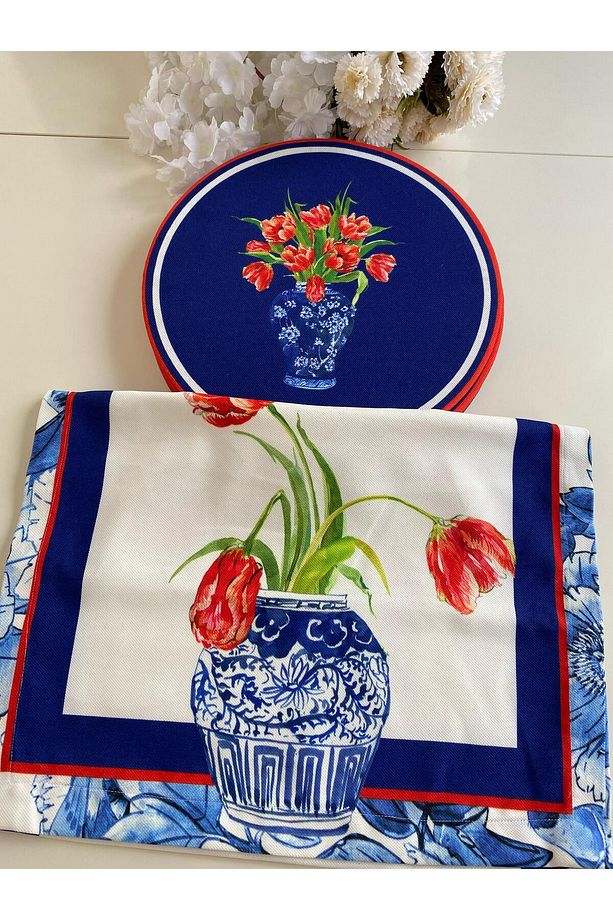 Mavi Vazo ve Çiçek Baskılı Runner & Supla Takımı 40x140 cm Runner + 33 cm Supla (6 Adet) - 3