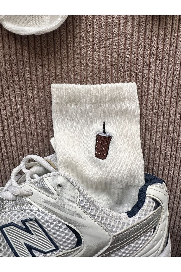 Minimal Sevimli Fincan Kahve Latte Ve Bardak Nakışlı Unisex 2 Çift Çorap Seti - 5