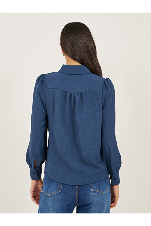 Navy Blue Solid Long Sleeve Blouse - 5