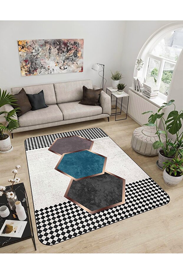Shine M(271) Turquoise Fringeless Non-Slip Based Digital Printed Decorative Carpet 80X150