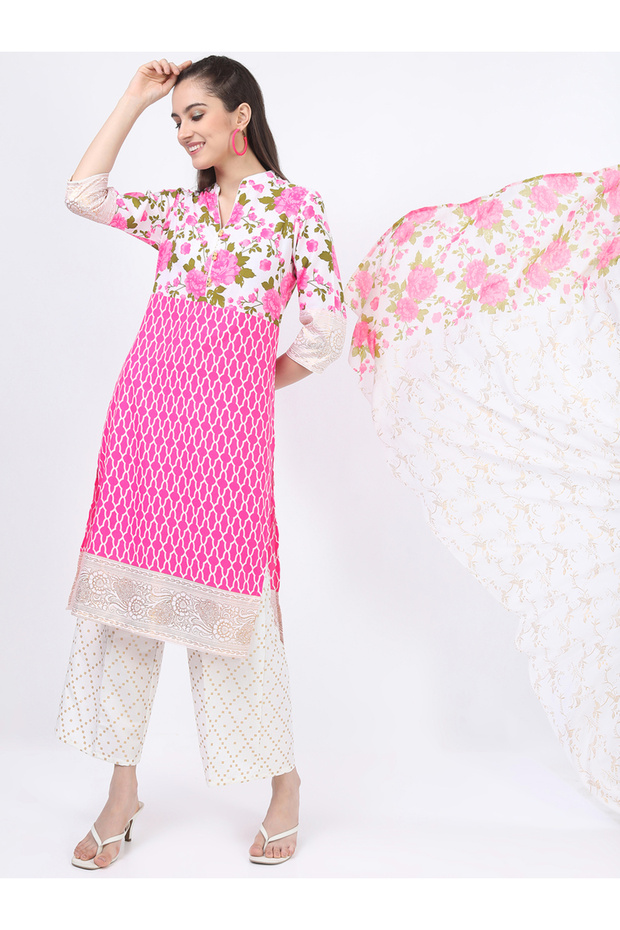 Women Pink Floral Printed Kurta Set with Palazzos & Dupatta