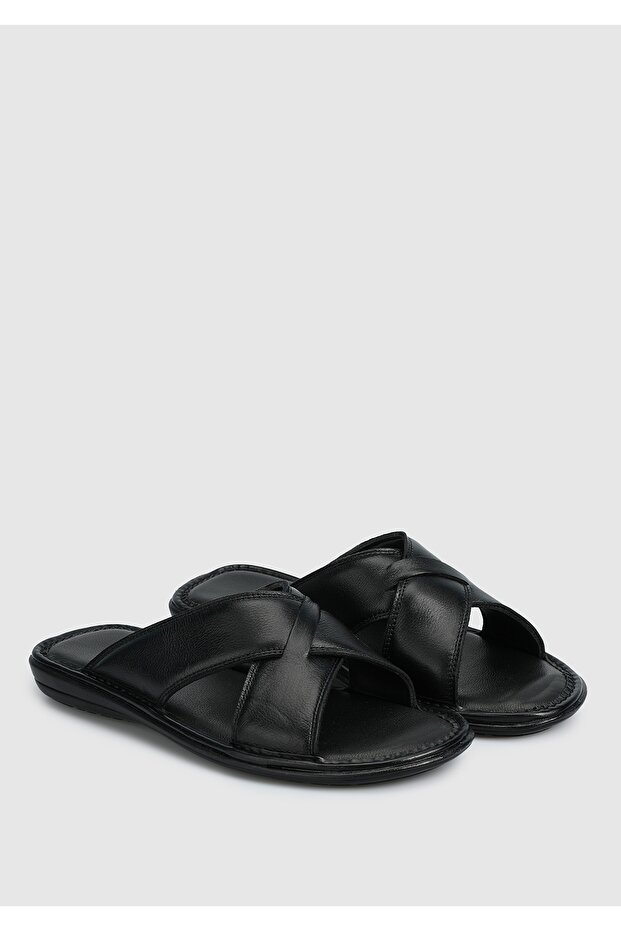 Men's Black Leather Slippers - 2