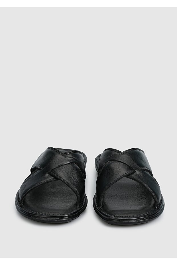 Men's Black Leather Slippers - 3