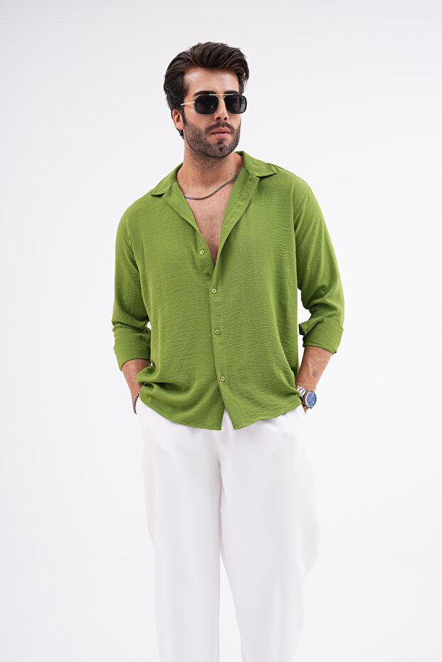 Linen Textured Oversized Shirt Pistachio Green Aerobin