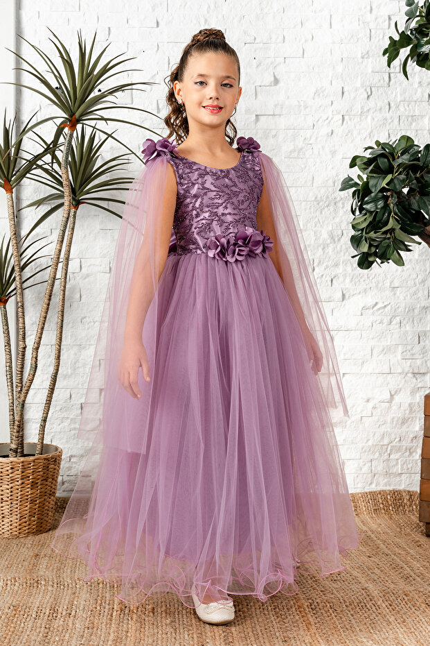 Girl's Detailed Embroidered Evening Dress - Plum