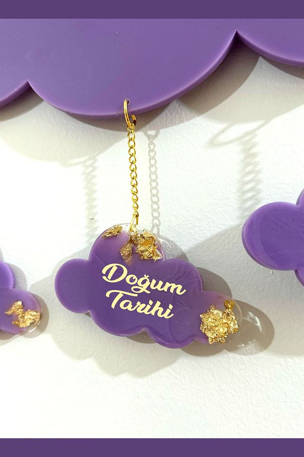 Bebek & Çocuk Yenidoğan Epoksi Mor Kapı Süsü 25x15 cm 4 adet bulut ve zincir dahil - 3