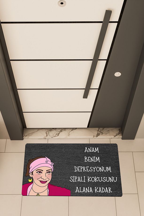 Kaliteli Dijital Baskı Siyah, Espiri Depresyon temalı Kapı Önü Paspası - 1