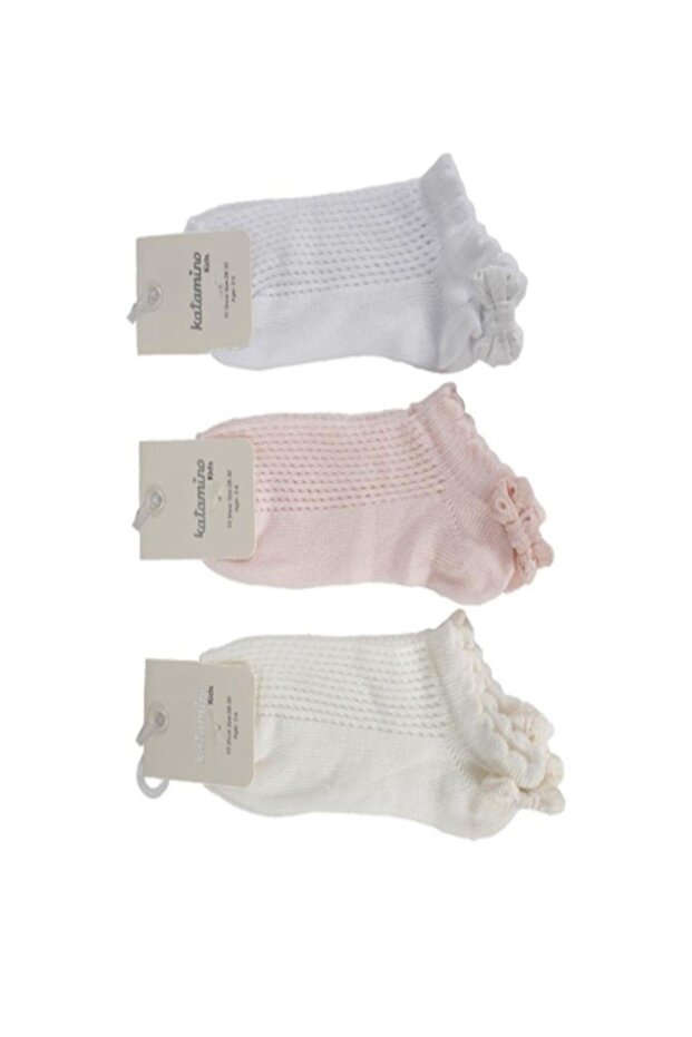 3 Pieces Girl's Patterned Bow Detailed Booties Socks